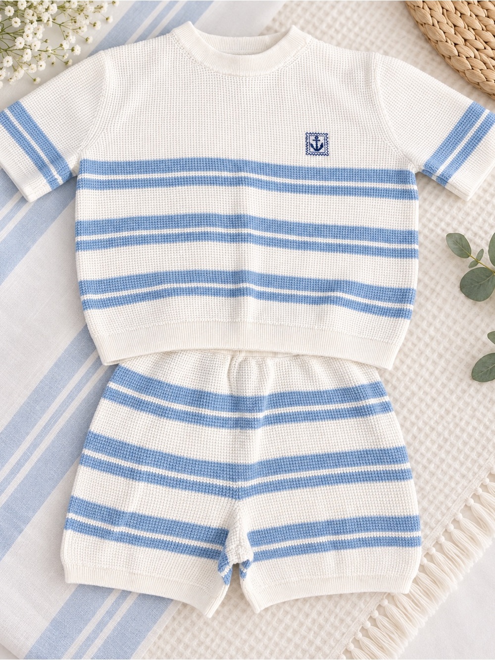 Primark White and Light Blue Striped Knit Top & Shorts Set
